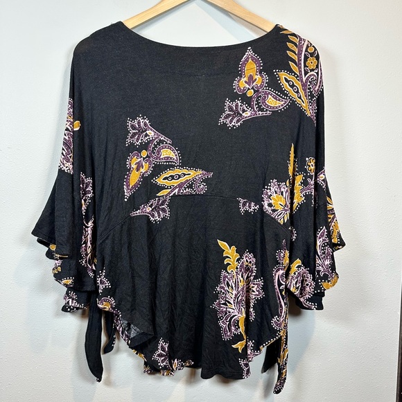 Free People Maui Wowie Black Floral Paisley Print Top Boho Side Tie Oversized - Picture 7 of 10